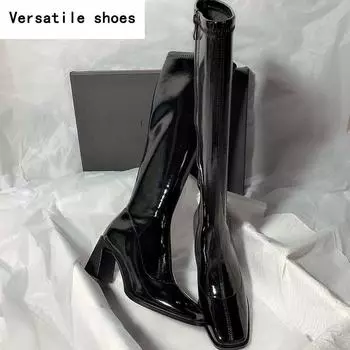 Уличный Стиль Зимние Женские Сапоги до Колена Модные Сапоги Рыцаря с Квадратным Носком Лаконичные Квадратные Каблуки Женская Обувь 35