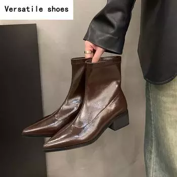 Женские ботильоны в уличном стиле, модные ботильоны с острым носком, женские ботильоны на квадратном каблуке, туфли-лодочки для вечеринок 35