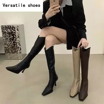 Уличный стиль, женские сапоги до колена, модные туфли с квадратным носком, осень-зима, высокие каблуки, женские лаконичные длинные ботинки De Mujer 35