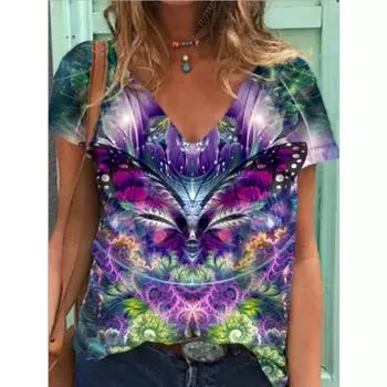 Street Summer New Women s Top Printed V-neck Short Sleeved T-shirt 3d Tees S