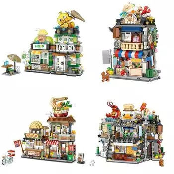Street View Mini Building Blocks Set Китайская хипстерская модель магазина блюд Игрушки для взрослых Магазин лимонного чая Речные улитки Магазин рисовой лапши