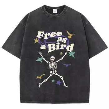 Street Women Washed T-Shirts Free As Bird Skeleton Man Printed Tee Shirts Comfortable Cotton Oversize Tees Summer Clothes S