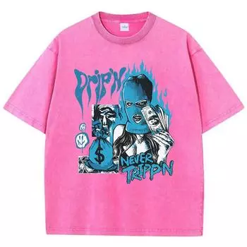 Street Womens Acid Wash T-Shirts Masked Woman Manga Printing Tees Oversize Distressed Crewneck Cotton Tops Clothes S