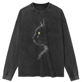 Футболка уличная с рисунком кота, черная, стираная, хлопковая, унисекс, топы, футболки, большие размеры, длинная футболка S чёрный