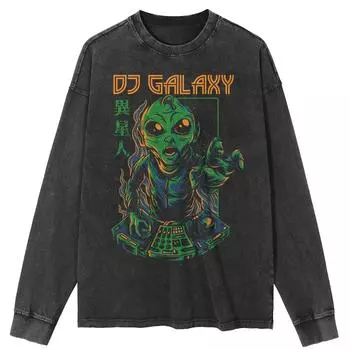 Футболка уличная DJ Alien Graphic Washed Black, хлопковая, унисекс, топы, футболки, большие размеры, длинная футболка S чёрный