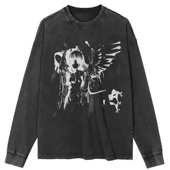 Футболка уличная с рисунком японского аниме, черная, стираная, хлопковая, унисекс, топы, футболки, большие размеры, длинная футболка S чёрный