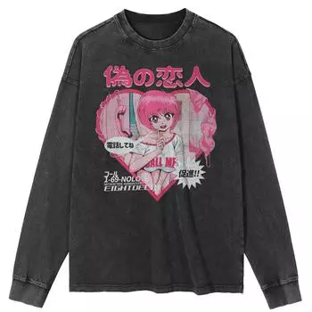 Футболка уличная японская с рисунком аниме, черная, стираная, хлопковая, унисекс, топы, футболки, большие размеры, длинная футболка S чёрный