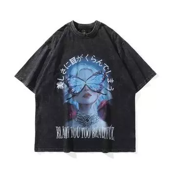 Streetwear T shirt Men Women Graphic Butterfly Printed Oversized Vintage Washed Cotton Fashion Harajuku T shirt S
