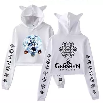 Streetwear Women Sexy Genshin Impact Print Cropped Sweatshirts Oversize Loose Harajuku Pullovers Spring Korean Casual Tops XS белый