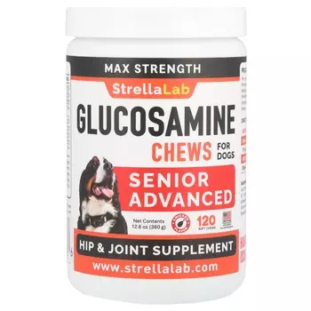 StrellaLab, Глюкозаминовые жевательные конфеты, Максимальная сила, для пожилых собак, для собак, курица, 120 мягких жевательных конфет, 12,6 унций (360 г)