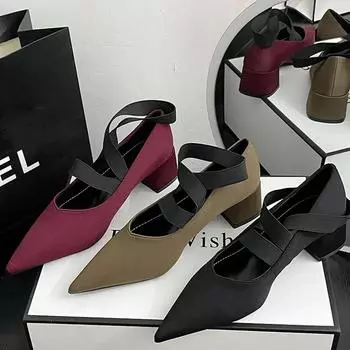 Stretch Cross Strap Satin Pointed Toe Chunky Low Heel Shoes for Women 2024 Elegant Sexy Light Comfort Pumps Women Shoes Zapatos 35 чёрный