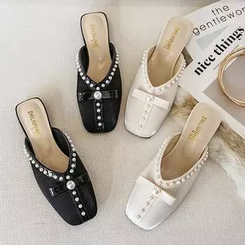 String Bead bow-knot mules women slippers cover toe summer shoes woman sandals flip flops square toe flat slides plus size 42/43 4.5 абрикосовый