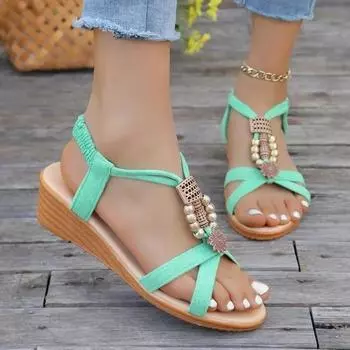 String Bead Casual Modern Sandals Summer Elastic Band 2025 High Quality Women s Shoes Hot Sale Peep Toe Wedge Women s Sandals 35