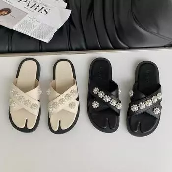 String Bead flower slippers women sandals summer beach shoes female flip flops fairy pearl split toe slides pantoufles de femmes 5 абрикосовый