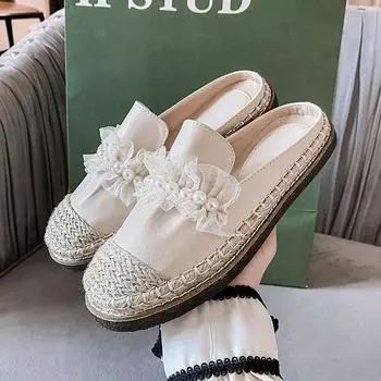 String Beaded Espadrilles Women Slippers Flat Heel Slides Ladies Shoes Cover Toe Mules Pantuflas Flipflops Slip On Femme Sandals 5 зелёный