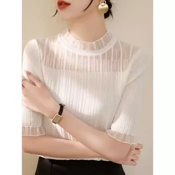 Stringy Selvedge Stand Collar Half Sleeve Lace Mesh Black Knitting Bottoming Shirt Women s Summer 2025 New Arrival Half Sleeve Shirt White XL
