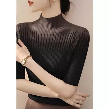 Stringy Selvedge Stand Collar Half Sleeve Lace Mesh Black Knitting Bottoming Shirt Women s Summer 2025 New Arrival Half Sleeve Shirt Black [7759Y ~ middle sleeve]] M