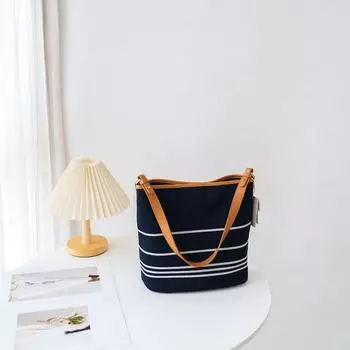 Stripe Bucket Bag Women 2025 New Denim Contrast Color Shoulder Bag Versatile Commuter Versitile Fashion Messenger Bag Navy blue