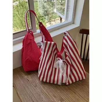 Stripe Canvas Bag Women Summer 2025 New Niche Letters Double-sided Shoulder Bag Student Class Tote Big Bag Red