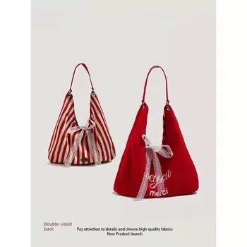 Stripe Canvas Bag Women Summer 2025 New Trendy South korea Letters Print Double-sided Shoulder Bag Student Class Bag Red