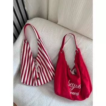 Stripe Canvas Bag Women Summer 2025 New Trendy South korea Letters Print Double-sided Shoulder Bag Student Class Bag Red