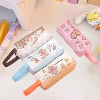 Stripe Capybara Pencile Bag Flower Cartoon Pencile Box Cartoon Makeup Lipstick Bag Female/Male синий