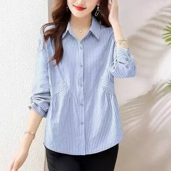 Stripe Long sleeve Shirts Women clothes 2025 Spring Summer New Western Style Plus size Blue Outerwear Age-Reducing Beautiful Top Blue XL