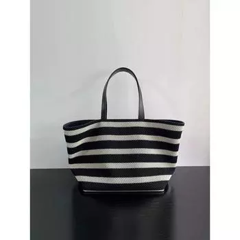 Stripe Woven Tote Bag Women 2025 New Trendy Large Capacity Casual Vacation Bag Idle Style Commuter Shoulder Bag Black