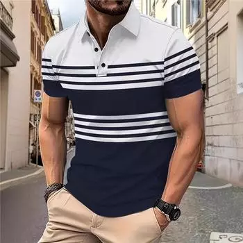 Striped 3D Digital Printed Polo Shirts Men Business Casual Lapel Short Sleeved Polos Man XL серый