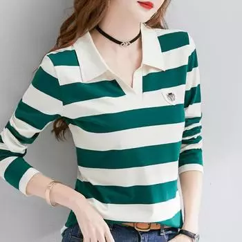 Striped Bottoming Shirt for Women Long Sleeves T-shirt Spring Autumn POLO Collar Top XL-6XL 6XL зелёный