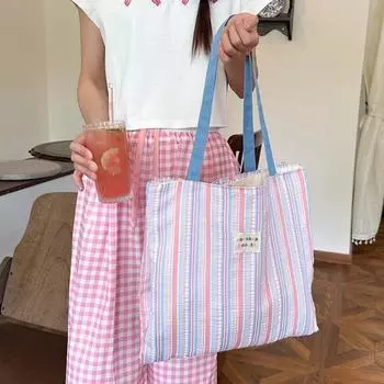 Striped bubble double bag large capacity fresh pleated shoulder bag new college style tote student bag