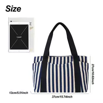 Striped canvas shoulder bag, simple and versatile retro wear-resistant handbag, thickened large-capacity fashion tote bag синий