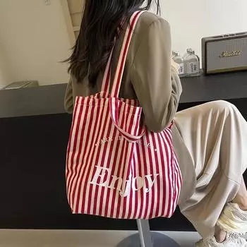 Полосатая холщовая сумка через плечо с буквенным дизайном, вместительная, повседневная, минималистичная и универсальная