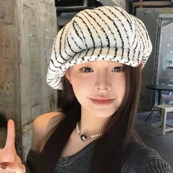 Striped cloud beret women s 2025 spring new face small versatile literary painter hat octagonal hat tide M56-58cm