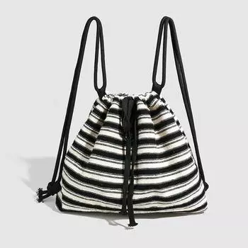 Striped Commuter High-capacity Drawstrap Single Shoulder All-in-one Fashion Women s Knitted Black and White Striped Backpack