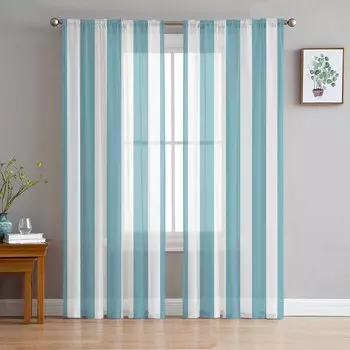Striped Cyan Sheer Curtains Modern Gauze Curtain for Living Room Bedroom Voile Yarn Curtains W135 x H114cm