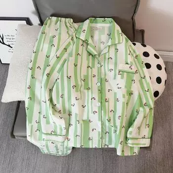 Striped Flower Print Autumn Women s Pajamas Set Long Sleeve V Neck Top & Elastic Waist Pants 2 Pieces Female Sleepwear Nightwear M