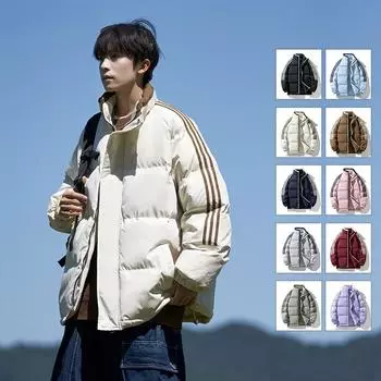 Полосатое пальто с капюшоном и хлопковой подкладкой, мужская зимняя новая свободная уличная модная молодежная повседневная теплая хлопковая куртка S чёрный