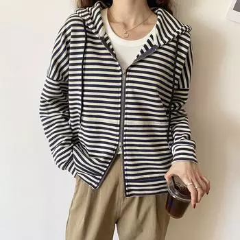 Полосатая толстовка с капюшоном, куртка на новый год, женская, осенняя, студенческая, свободная, на молнии, короткая, с длинными рукавами, весна и осень S