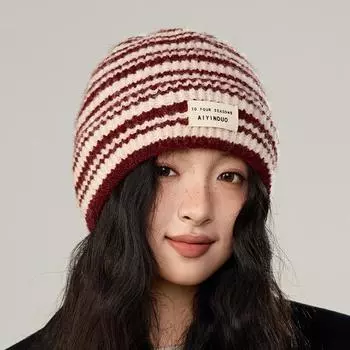 Striped Knitted Hat Autumn Winter Women Warm Wool Hat Ear Protection Hat чёрный