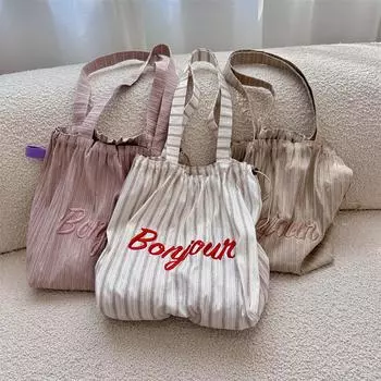 Striped letter embroidery shoulder tote bag drawstring large capacity canvas bag commuter shopping bag белый
