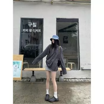 Striped Long-sleeved T-shirt Autumn New Korean Style Loose Mid-length Style Outer Wear Inner Bottoming Student Top Trendy M