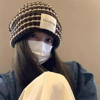 Striped Patch Wool Hat Women s Big Head Circumference Autumn and Winter Warm Stacking Hat Student Ear Protector Knitted Hat Cold Hat M56-58cm