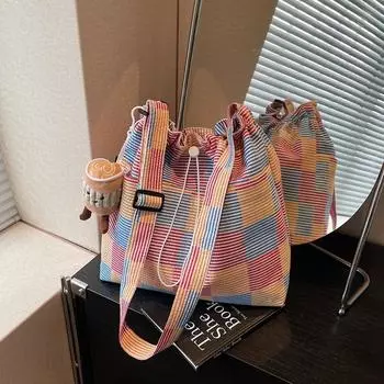 Полосатая клетчатая сумка-ведро женская сумка через плечо цветная сумка-тоут синий