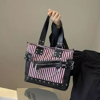 Сумки на плечо из ПУ и холста в полоску с большой вместимостью, эксклюзивный дизайн, супер крутая повседневная сумка через плечо