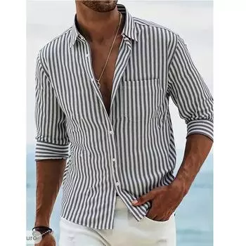 Striped Shirt Men s Long Sleeve Spring and Autumn Button Cardigan Pocket Loose Casual Shirt M