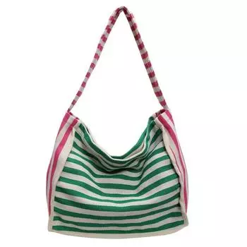 Striped Shoulder Bag Women Canvas Tote Bag Large Capacity Handbag Casual Hobo Bag for Shopping Travel зелёный