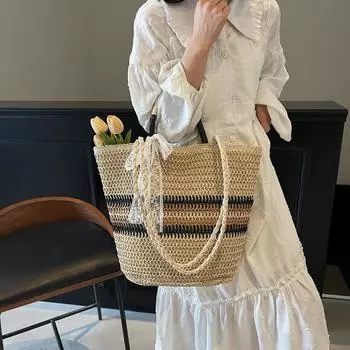 Striped Straw Handbag Women s Large Capacity Shoulder Bag бежевый