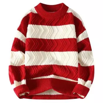 Striped Sweater Men s Autumn and Winter Hong Kong Style Loose Couple Outfit College Style Knitted Sweater Lazy Round Neck Thread M красный