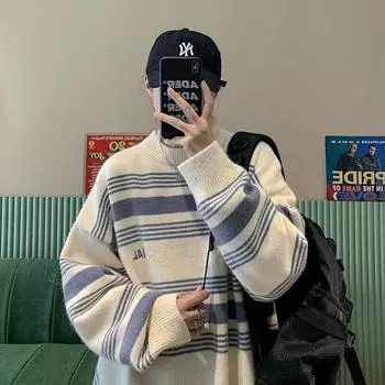 Striped Sweater Men s Autumn and Winter New Hong Kong Style Loose Trendy Couple s Knitted Sweater Round Neck Pullover Jacket M